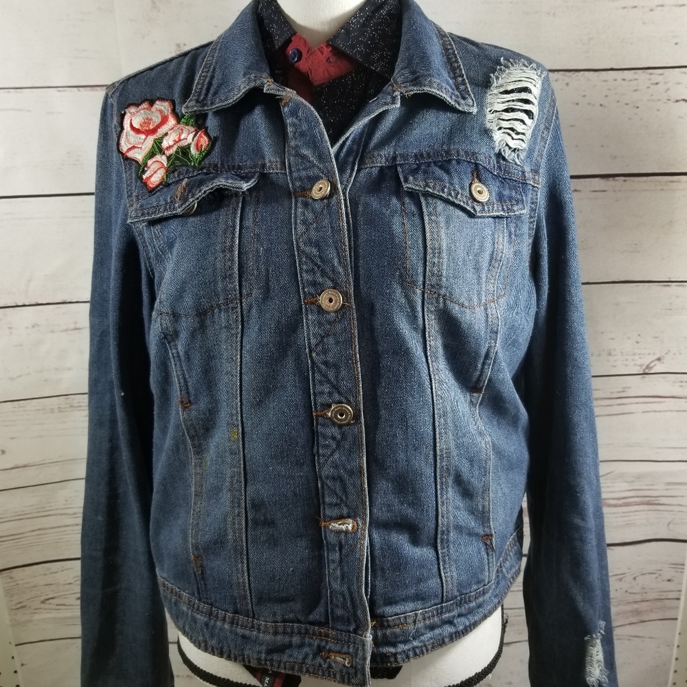 Boom Boom Jeans‎ Blue Distressed Floral Rose Embroidered Denim Jacket Large